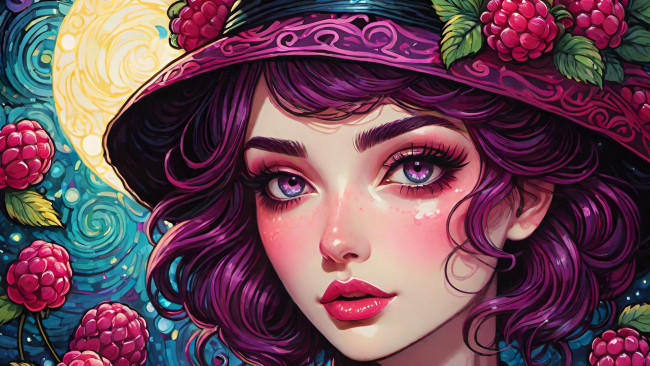 Обои картинки фото рисованное, люди, нейросети, графика, нейроарт, ai, art, нейронные, сети, рисунки, нейро, искусство, нейрографика, graphics, neuroart, neural, networks, drawings, neuro, neurography, лицо, девушка, шляпка, малина