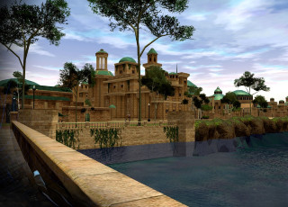 обоя видео игры, star wars,  galaxies, здание, дворец, река, мост, деревья