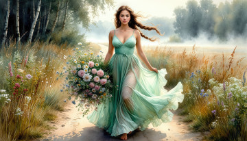 обоя рисованное, люди, девушка, нейросеть