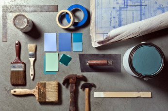 Картинка разное строительные инструменты запчасти механизмы краски молотки щетки планы