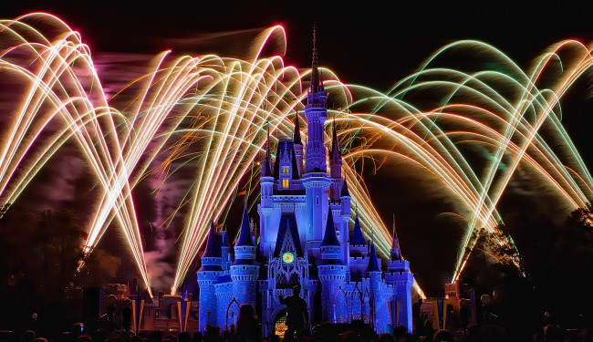 Обои картинки фото города, диснейленд, зрелище, представление, замок, золушки, штат, флорида, сша, фейерверк, шоу