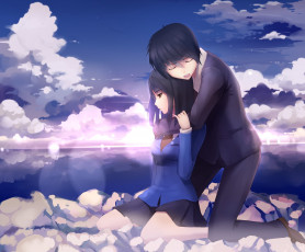 Картинка аниме *unknown+ другое облака небо обьятия арт камни девушка парень пара