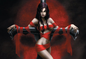 Картинка рисованные люди взгляд волосы зеленые глаза руки тело поза ткань красная