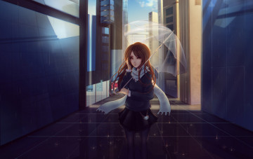 Картинка аниме *unknown+ другое зонт шарф девушка город дождь