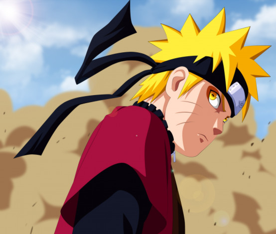 Обои картинки фото аниме, naruto, наруто, ураганные, хроники, манга, пыль, парень, саннин, блондин, серьёзность, солнце, лучи, небо, облака