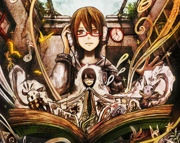 Обои картинки фото аниме, -headphones & instrumental, парень, art, комната, nico, singer, книга, наушники, улыбка, sekihan