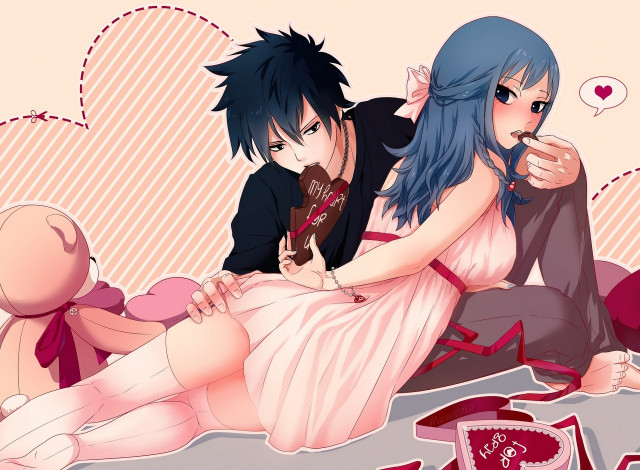 Обои картинки фото аниме, fairy tail, gray, fullbuster, сердечки, fairy, tail, ленты, парень, juvia, loxar, сказка, о, хвосте, феи, elfless, vanilla, арт, marmalade, шоколад, девушка