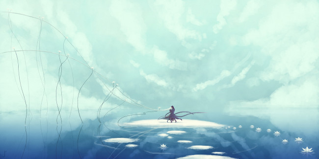 Обои картинки фото аниме, *unknown , другое, девушка, парень, объятия, танец, острова, лотосы, цветы