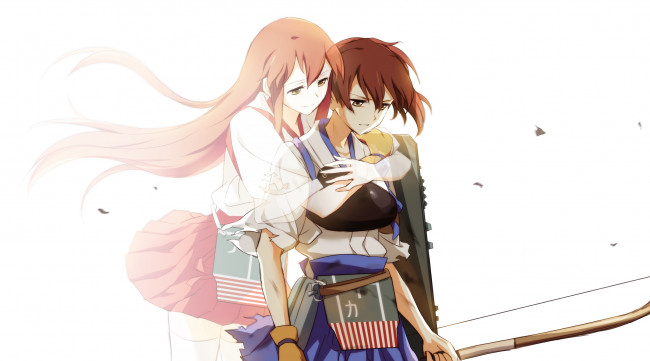 Обои картинки фото аниме, -weapon,  blood & technology, akagi, оружие, девушка, kaga, kantai, collection, лук, парень, арт, объятия