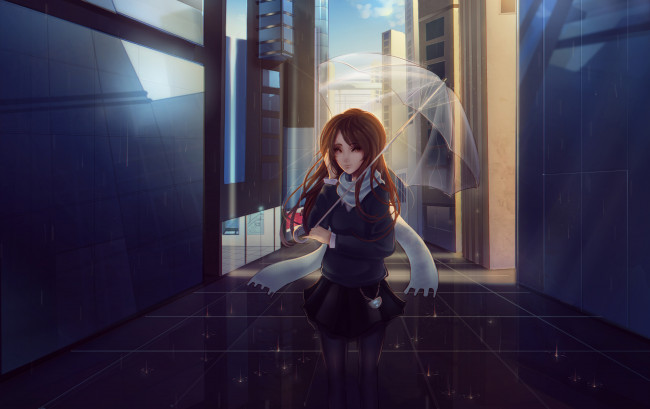 Обои картинки фото аниме, *unknown , другое, зонт, шарф, девушка, город, дождь