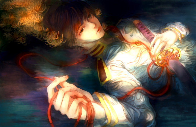 Обои картинки фото аниме, -weapon,  blood & technology, цветы, вода, оружие, катана, парень