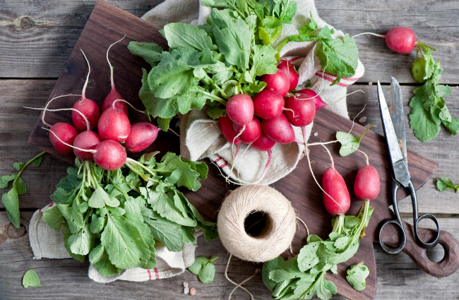 Обои картинки фото еда, редис,  репа,  редька, нитки, ножницы