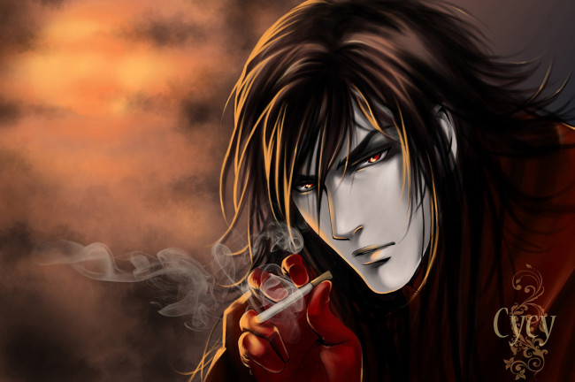 Обои картинки фото аниме, *unknown , другое, дым, парень, взгляд, сигарета