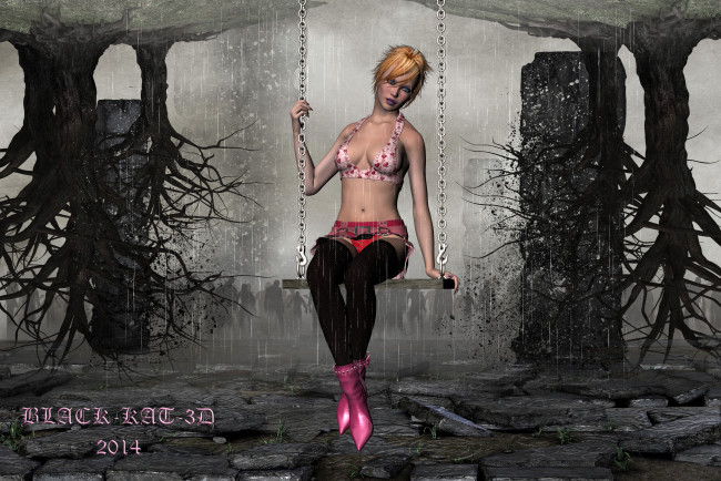 Обои картинки фото 3д графика, people , люди, девушка, взгляд, качели, задумчивость