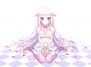 Картинка аниме unknown +другое букет клетчатый пол цветы сидит платье девушка