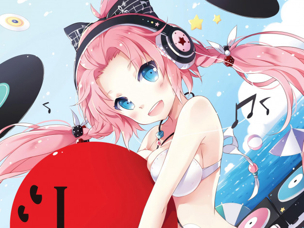 Обои картинки фото аниме, музыка, мяч, девочка, арт, nyanya, наушники, пляж