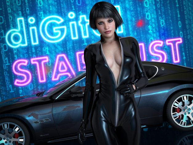 Обои картинки фото автомобили, 3d car&girl, фон, взгляд, автомобиль, девушка