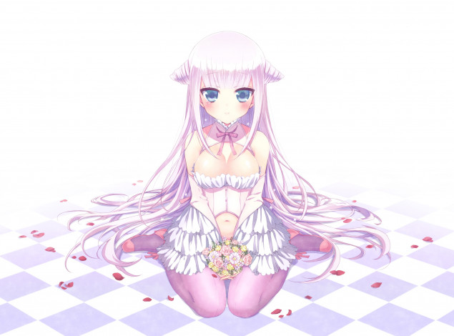 Обои картинки фото аниме, unknown,  другое, букет, клетчатый, пол, цветы, сидит, платье, девушка