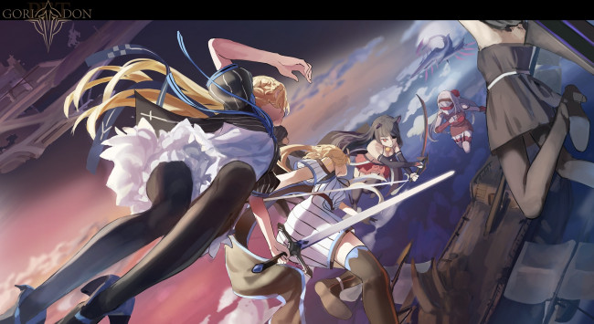 Обои картинки фото аниме, pixiv fantasia, облака, небо, сражение, девушки, корабль, pixiv, fantasia, арт, shuang-ye