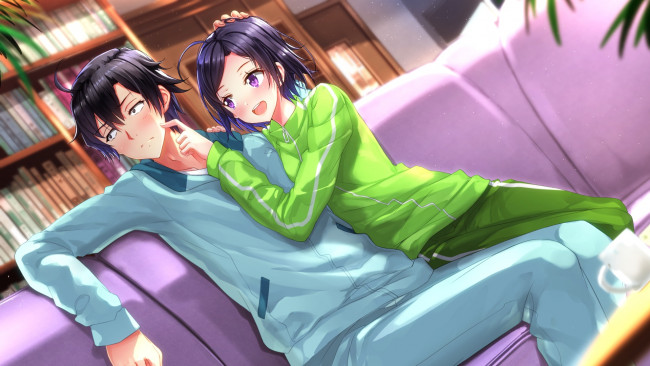 Обои картинки фото аниме, oregairu, покраснел, hikigaya, hachiman, девушка, диван, парень, komachi, swordsouls, yahari, ore, no, seishun, love, come, wa, machigatteiru