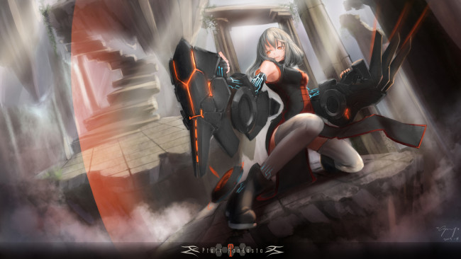 Обои картинки фото аниме, pixiv fantasia, девушка, pixiv, fantasia, kura, yukikaze, оружие, лестница