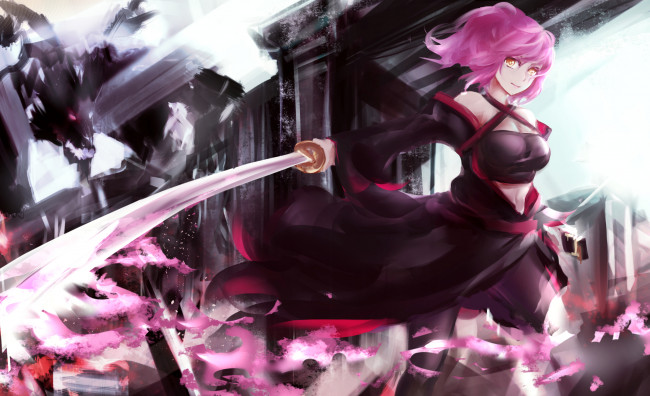 Обои картинки фото аниме, pixiv fantasia, девушка, монстр, pixiv, fantasia, дракон, меч, платье