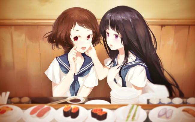 Обои картинки фото аниме, hyouka, chitanda, eru, ibara, mayaka, jq, стол, еда, арт, девушки