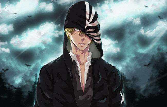 Обои картинки фото аниме, bleach, арт, парень, shinigami, ichigo, kurosaki, капюшон