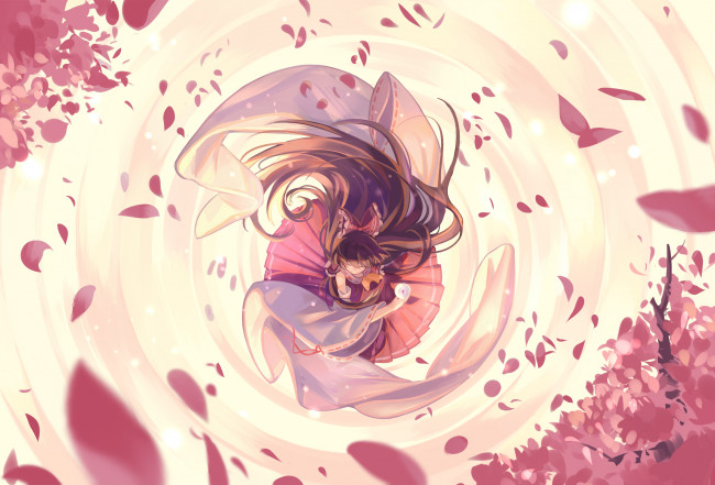 Обои картинки фото аниме, touhou, hakurei, reimu, девушка, лепестки, zicai, tang, волосы, платье