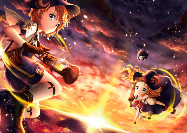 Обои картинки фото аниме, магия,  колдовство,  halloween, девушки, барашек, фонарь, закат, небо, laejjo