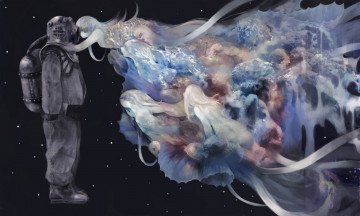 Картинка аниме unknown +другое космонавт девушки скафандр kerumu ленты рыбки арт