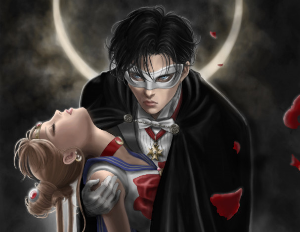 Обои картинки фото аниме, sailor moon, маска, взгляд, парень, девушкa