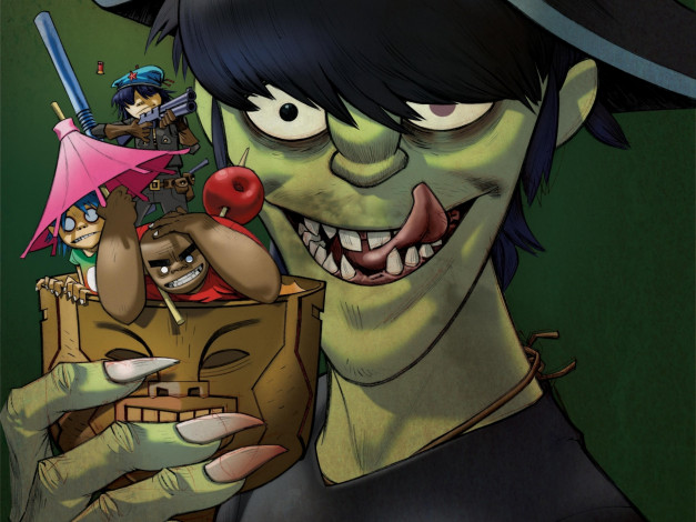 Обои картинки фото музыка, gorillaz, noodle, murdoc, 2d, коктель, зонтик, russel, plastic, beach, группа, нудл, мёрдок, рассел, гориллаз