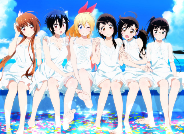 Обои картинки фото nisekoi, аниме, фон, взгляд, девушки