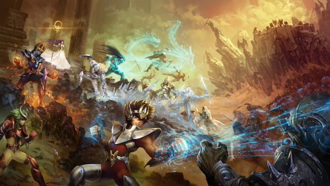 Обои картинки фото аниме, saint seiya, арт, воины, скалы, герои, битва, доспехи, магия