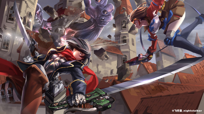 Обои картинки фото crossover, аниме, unknown,  другое, фон, взгляд, девушки