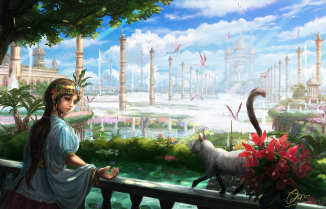 Обои картинки фото аниме, животные,  существа, девушка, кот