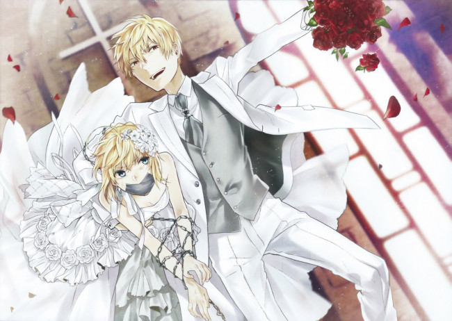 Обои картинки фото аниме, fate, stay night, артурия, сейбер, арчер, свадьба, гильгамеш