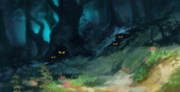 Картинка фэнтези существа иной мир норы глаза лес