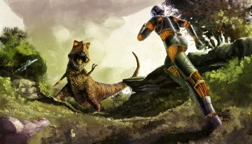 Картинка фэнтези роботы +киборги +механизмы иной мир киборг схватка динозавр