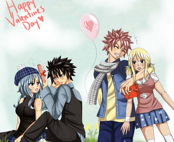 Обои картинки фото аниме, fairy tail, грей, люси, джувия, нацу