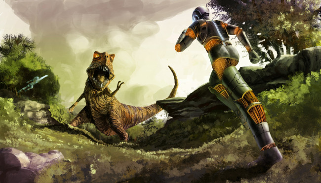 Обои картинки фото фэнтези, роботы,  киборги,  механизмы, иной, мир, киборг, схватка, динозавр