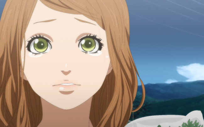 Обои картинки фото аниме, orange, девушка, фон, взгляд