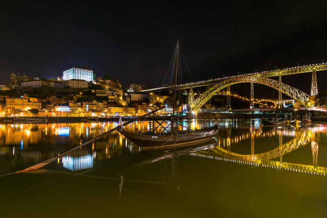 Обои картинки фото корабли, другое, огни, мост, река