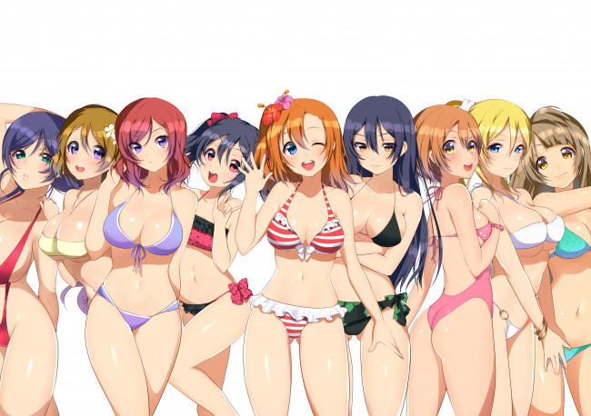 Обои картинки фото аниме, love live,  school idol project, взгляд, фон, девушки
