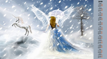 Картинка календари фэнтези снег единорог девушка