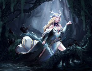 Картинка видео+игры league+of+legends девушка рога посох лес вороны