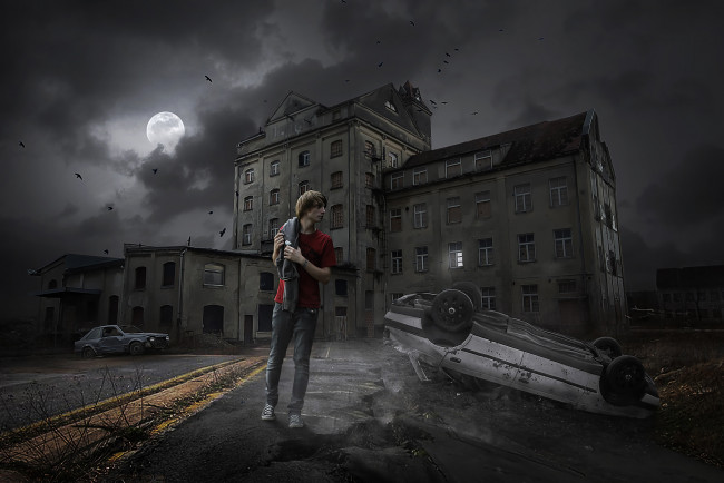 Обои картинки фото фэнтези, фотоарт, луна, фон, дом, мужчина, автомобиль