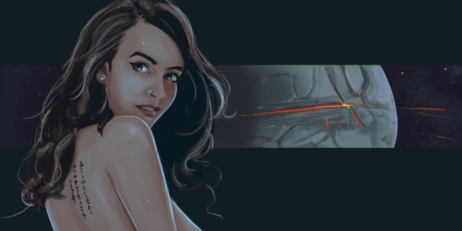 Обои картинки фото рисованное, люди, девушка, фон, взгляд, тату, пирсинг