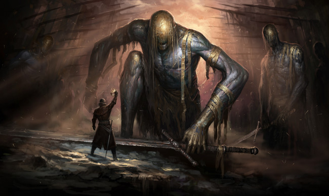 Обои картинки фото фэнтези, иные миры,  иные времена, мужчина, фон, титан, меч